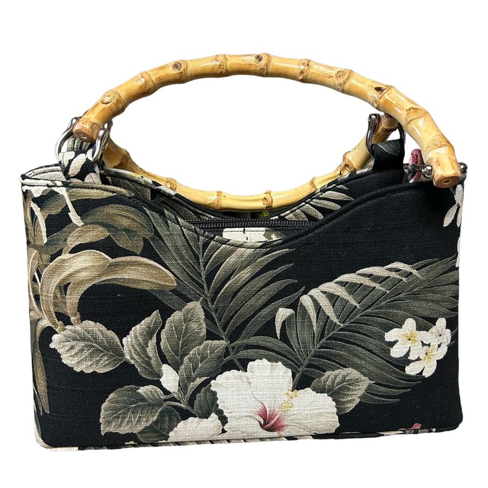 Happa Collection Cotton Black Floral Bamboo Handle Purse,